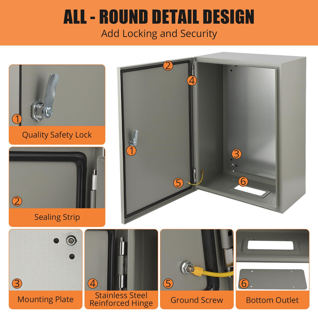 24" x 16" x 10" Waterproof Stainless Steel Electrical Enclosure Box with Lock L9673