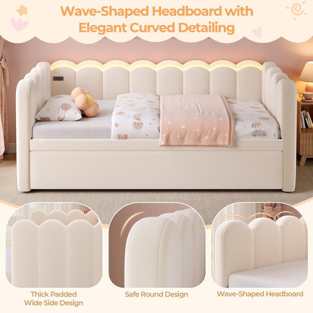 Beige Twin Velvet Upholstered Daybed with Pop Up Trundle B892043