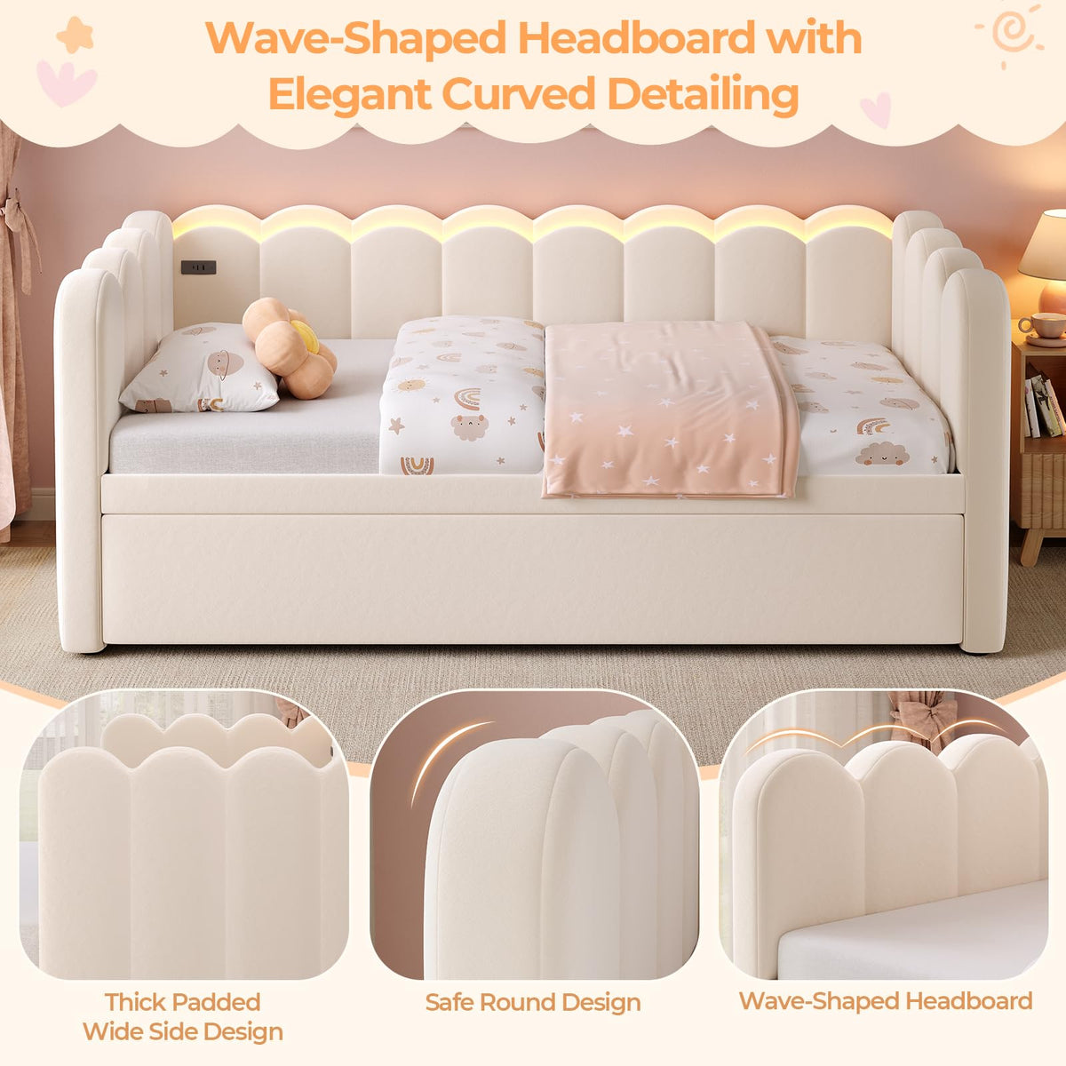 Beige Twin Velvet Upholstered Daybed with Pop Up Trundle B892043