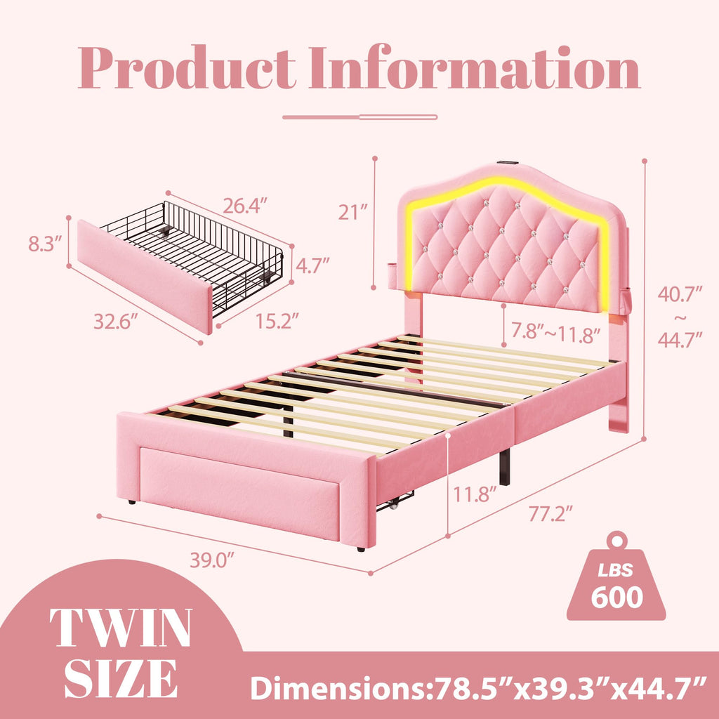 Twin Bed Frame with Adjustable Velvet Upholstered Headboard and Storage Drawers X51187
