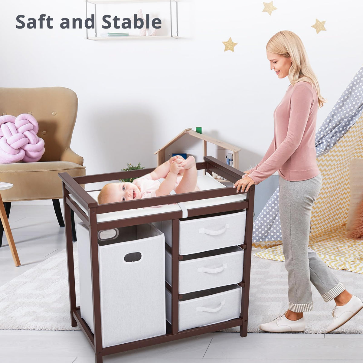 Modern Baby Changing Table with Laundry Hamper & 3 Drawers Q494755