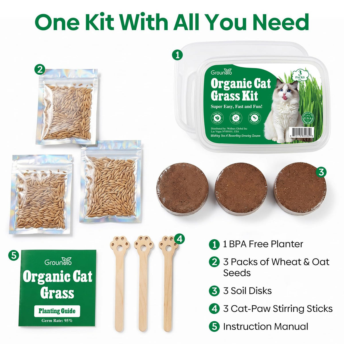 3 Pack Organic Non-GMO Cat Grass Growing Kit P985