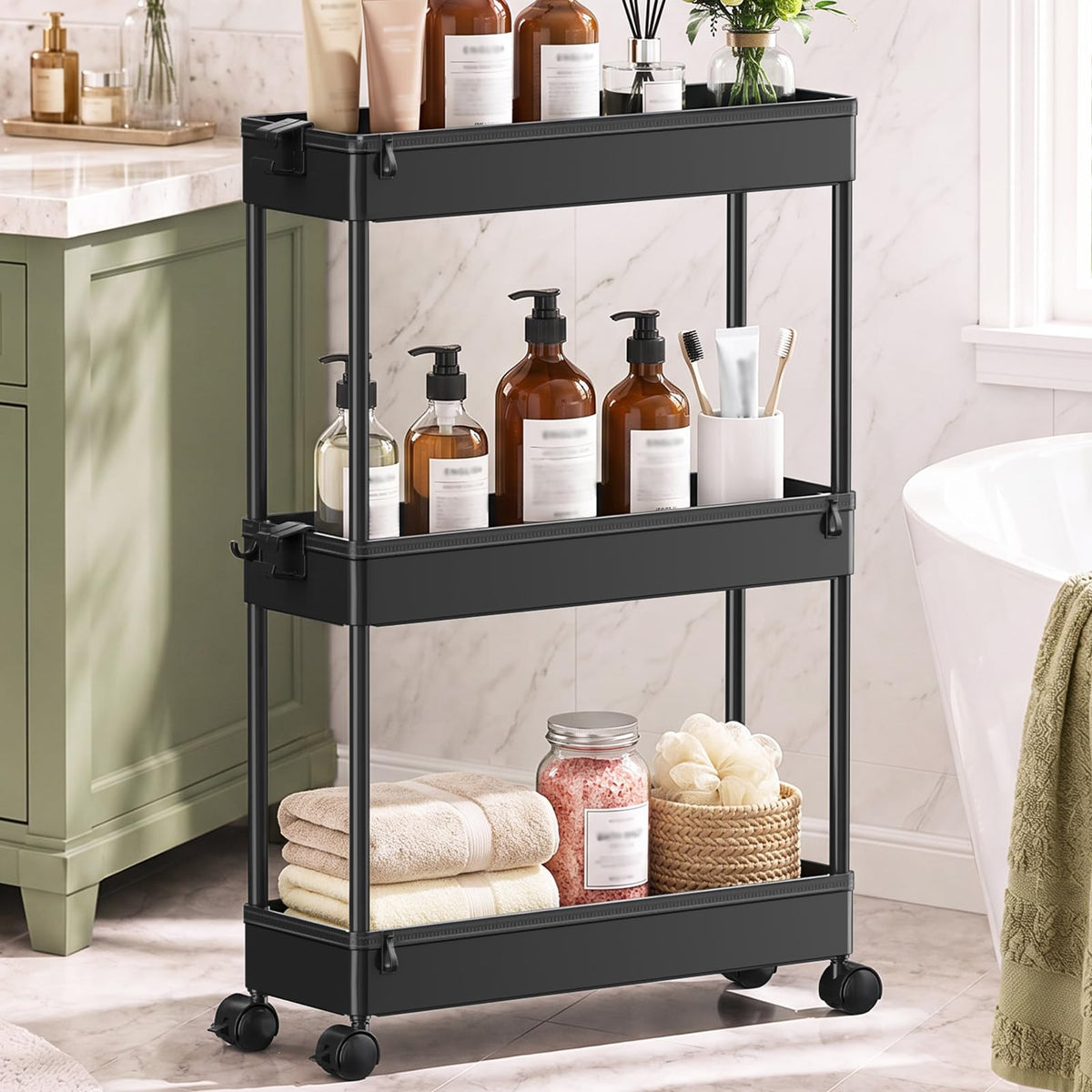 Black 3 Tier Slim Rolling Storage Cart R26049