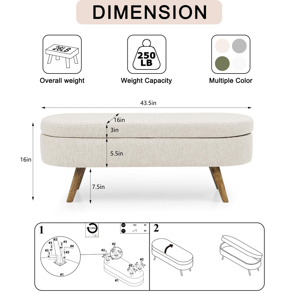Beige Linen Upholstered Storage Ottoman Bench N258