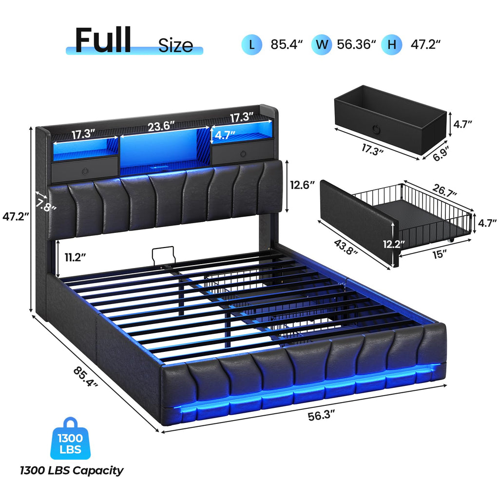 Full Bed Frame with Storage Headboard and 2 Drawers, RGB Lights, Black O9498