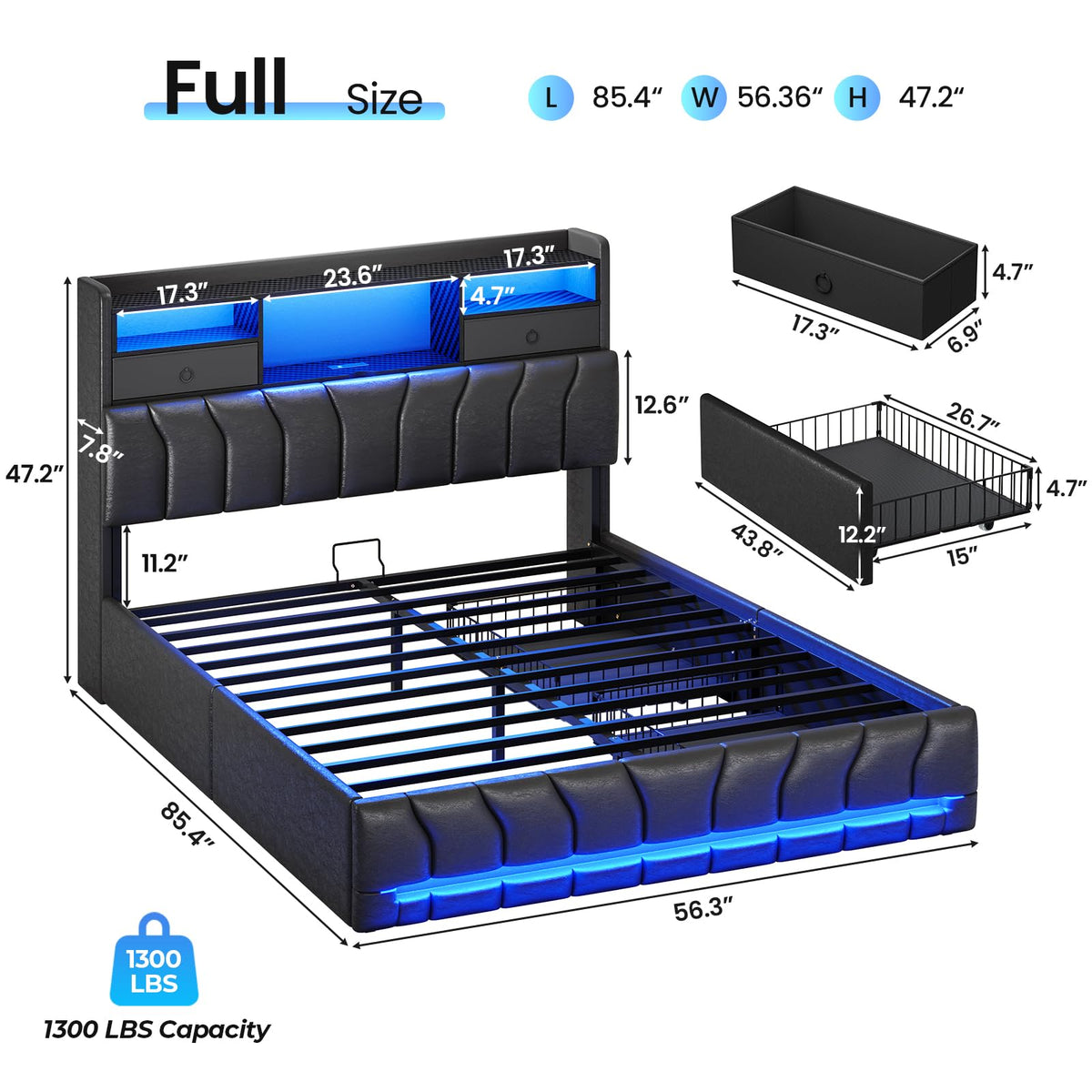 Full Bed Frame with Storage Headboard and 2 Drawers, RGB Lights, Black O9498