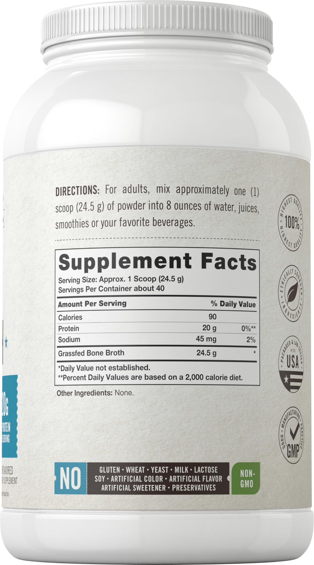 Grass Fed Bone Broth Protein Powder 35.2 oz 20g Protein Non-GMO Gluten Free Y8811