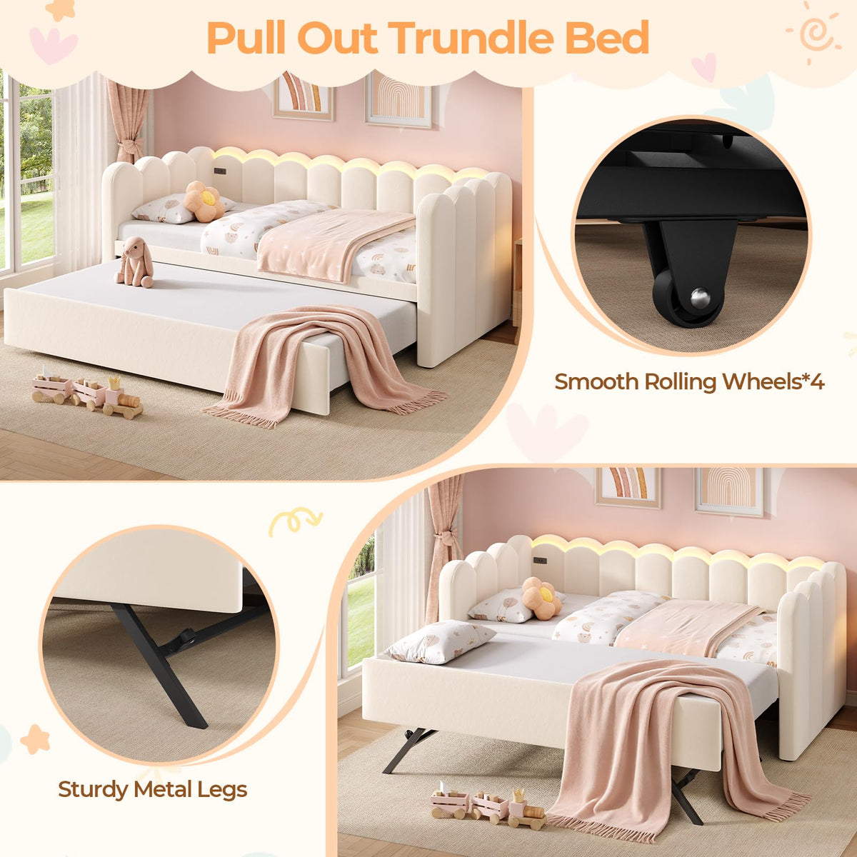 Beige Twin Velvet Upholstered Daybed with Pop Up Trundle B892043