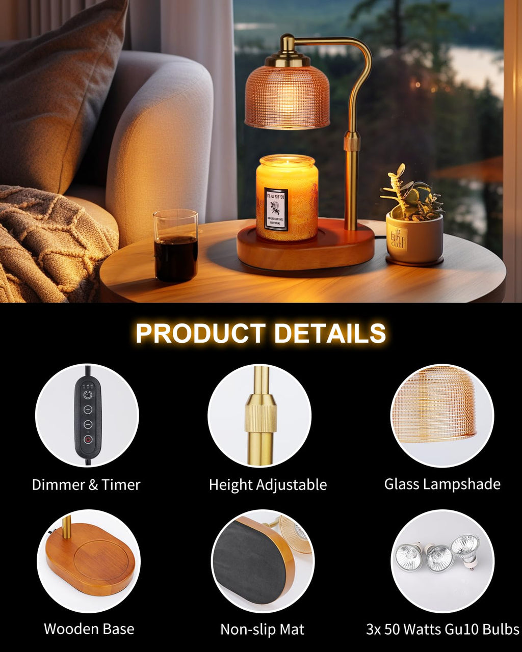 Electric Candle Warmer Lamp with Timer Dimmable Height Adjustable F664849