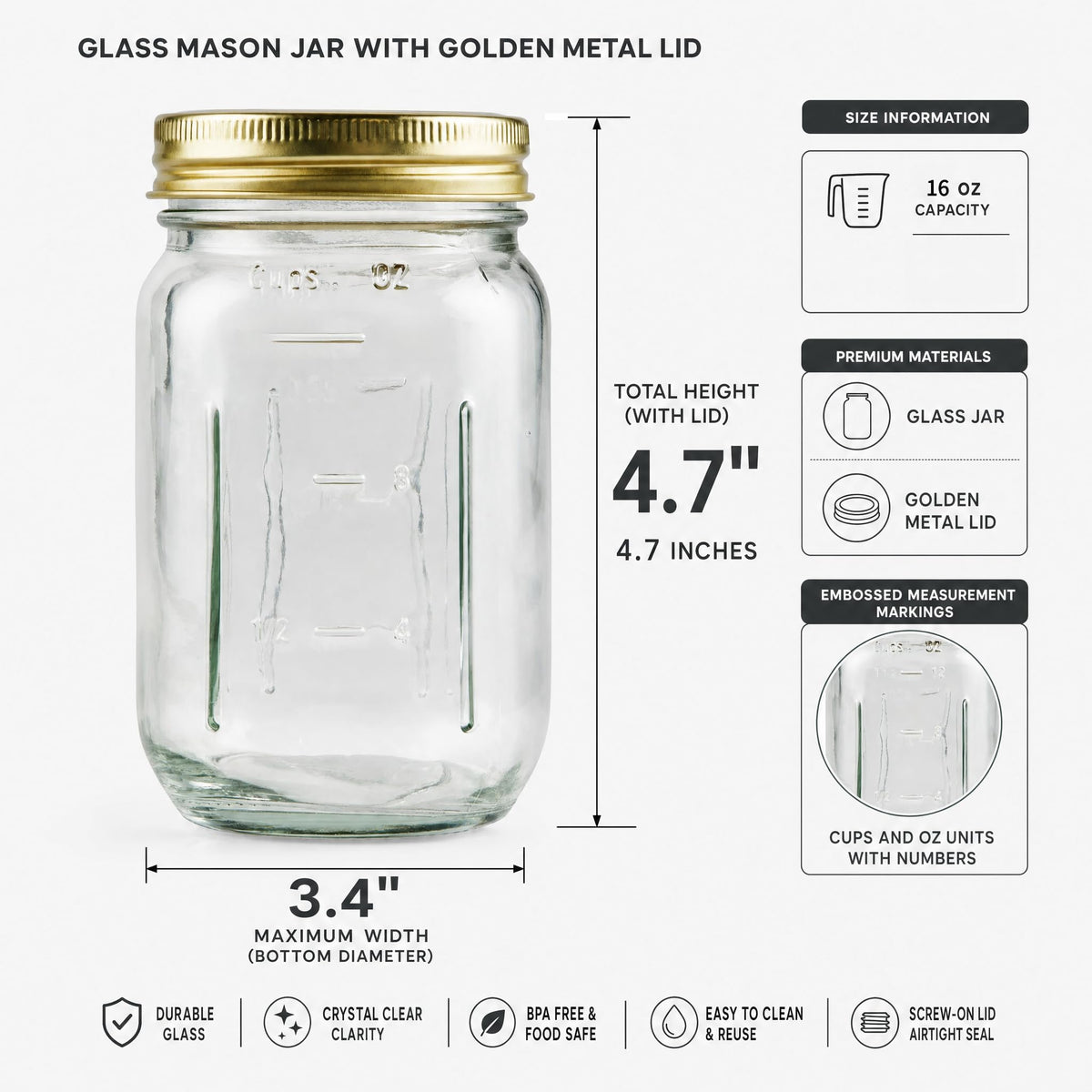 16 oz Glass Mason Jars with Lids and Bands, 12 Pack Z897