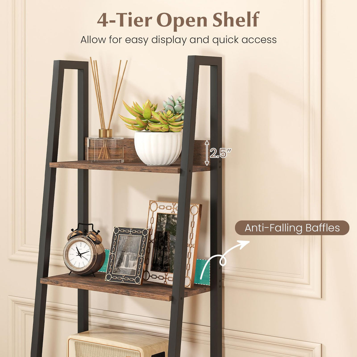 5-Tier Ladder Bookshelf with Fabric Drawer V564558