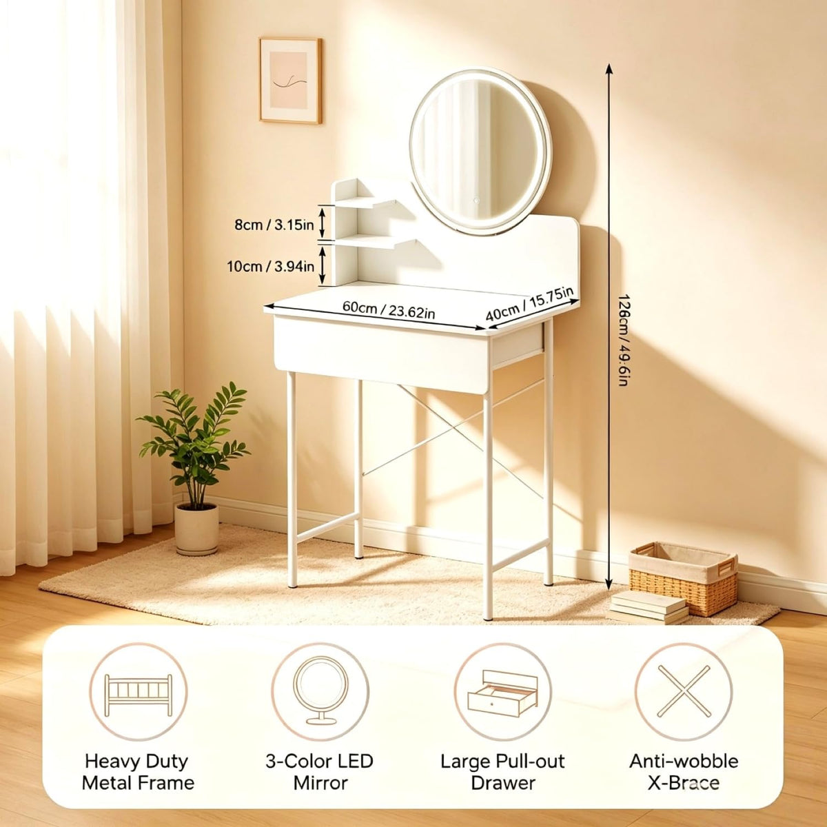 Vanity Desk with Mirror and LED Lights E2818