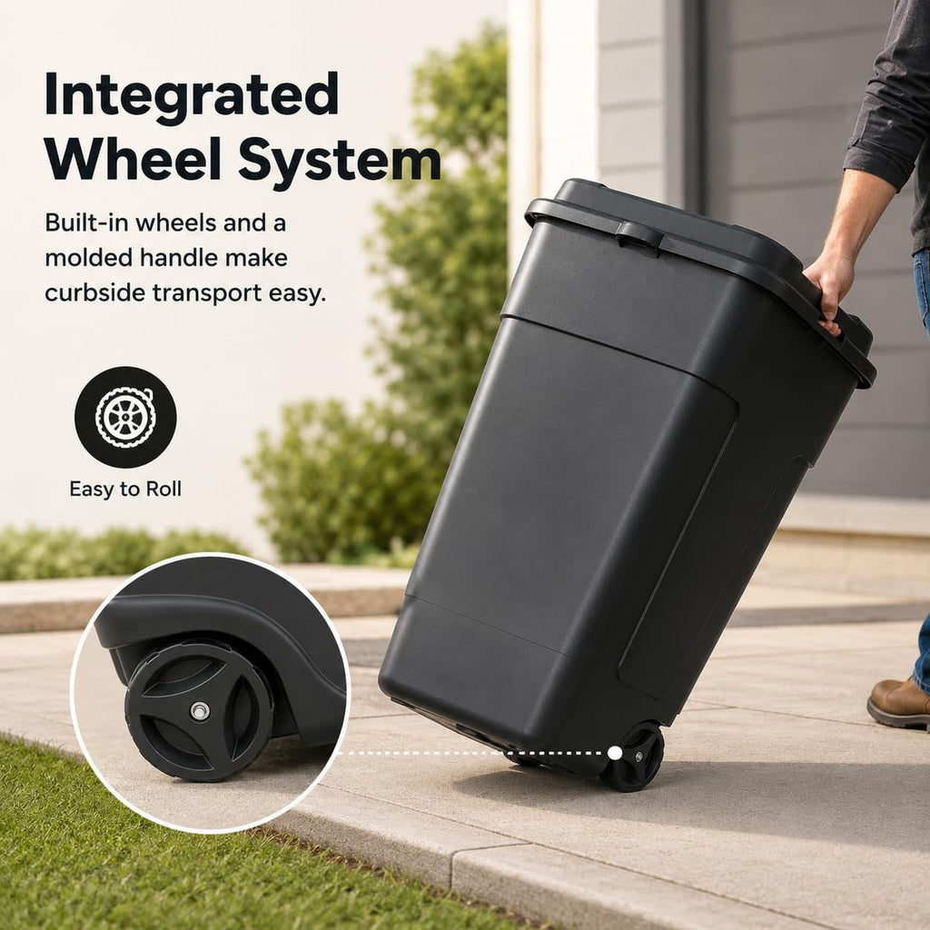50 Gallon Wheeled Plastic Trash Can with Lid and Handle B1722
