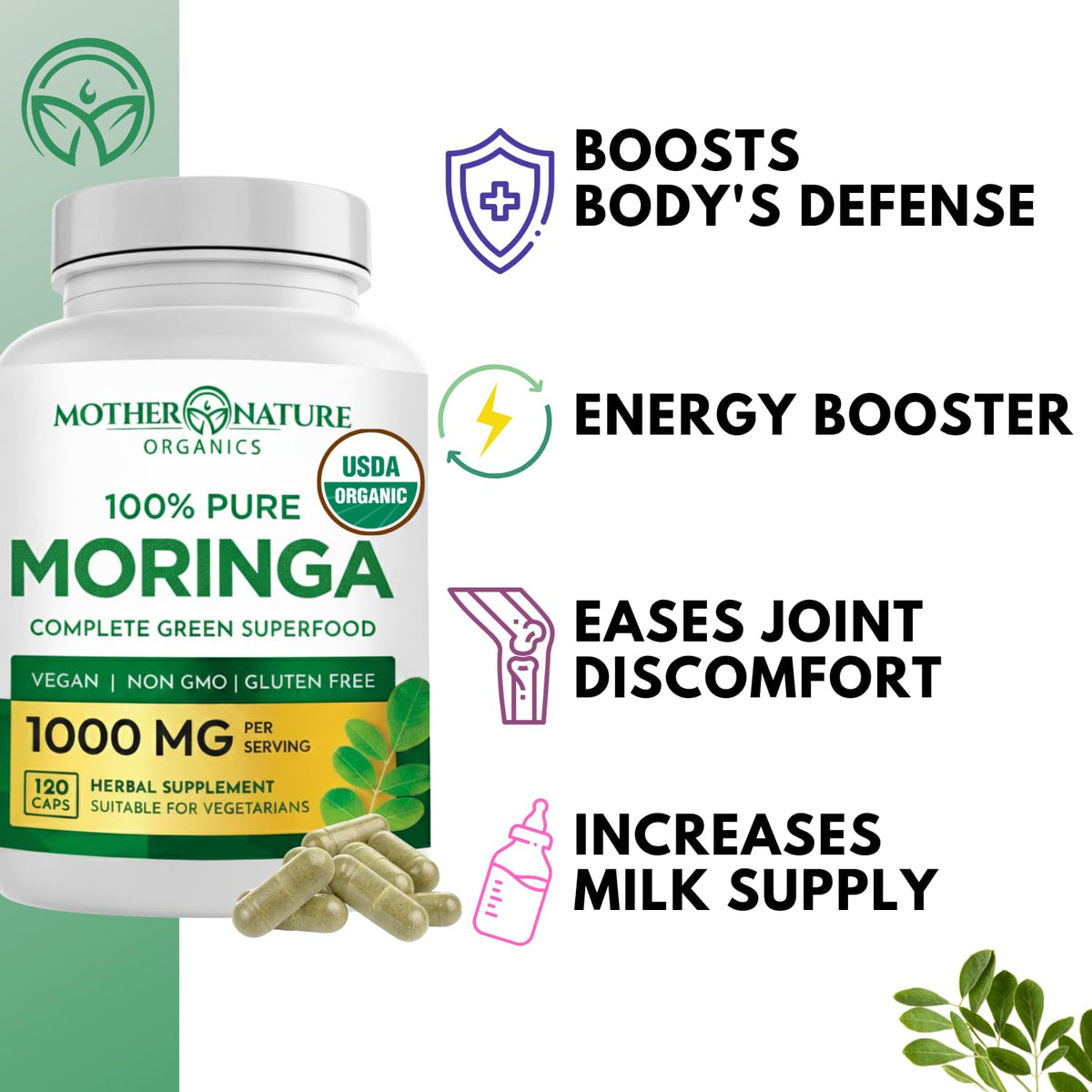 Organic Moringa Leaf Capsules 1000mg 120 Ct I879