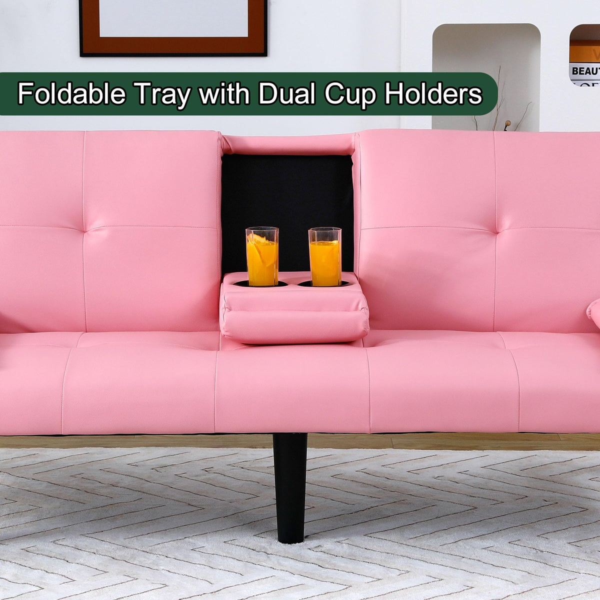 67" Convertible Sofa Bed with Cup Holders, Pink H218512