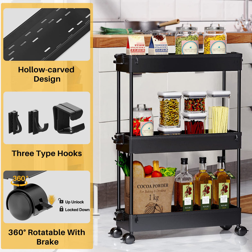Black 3 Tier Slim Rolling Storage Cart R26049