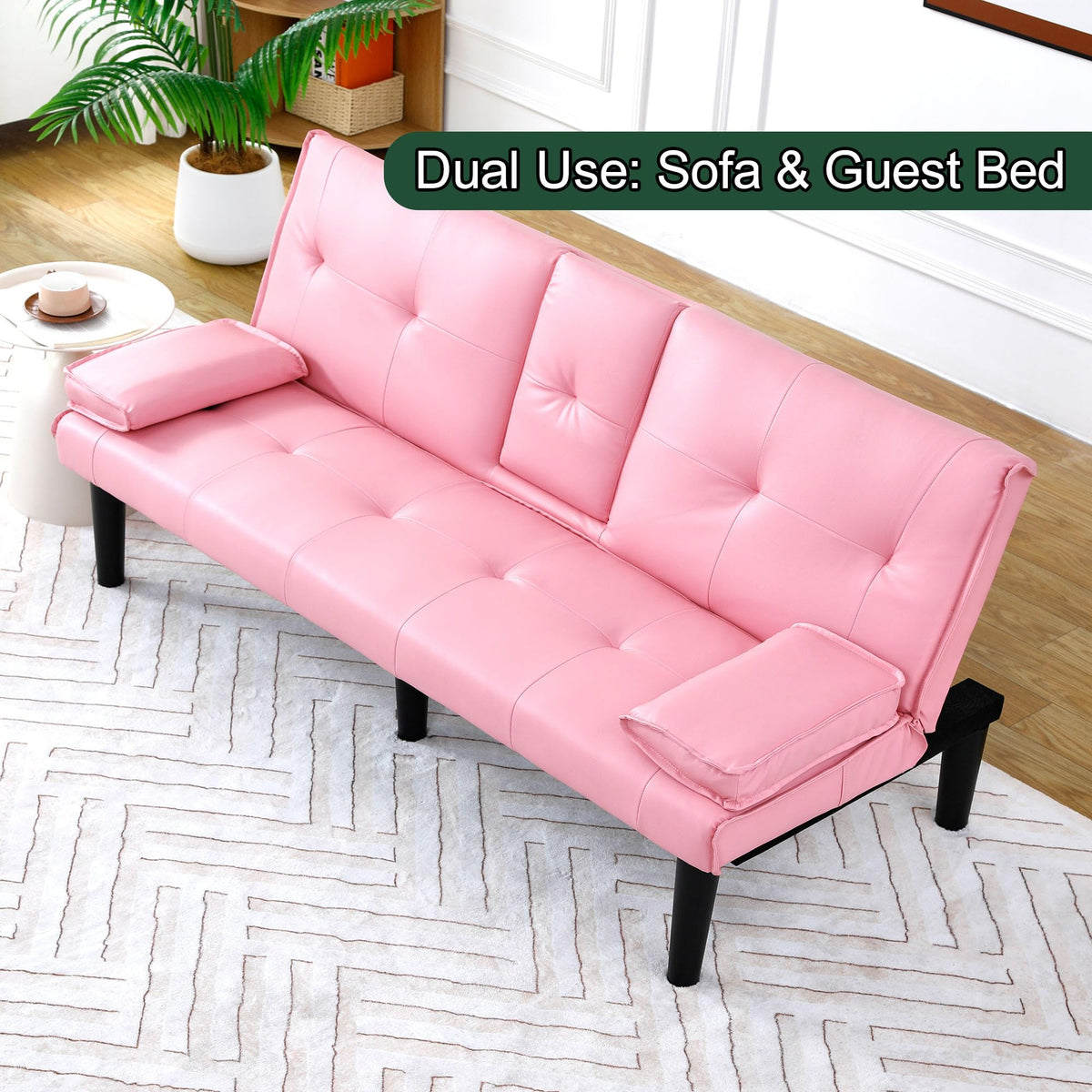 67" Convertible Sofa Bed with Cup Holders, Pink H218512