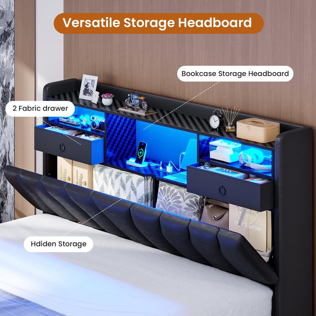 Full Bed Frame with Storage Headboard and 2 Drawers, RGB Lights, Black O9498