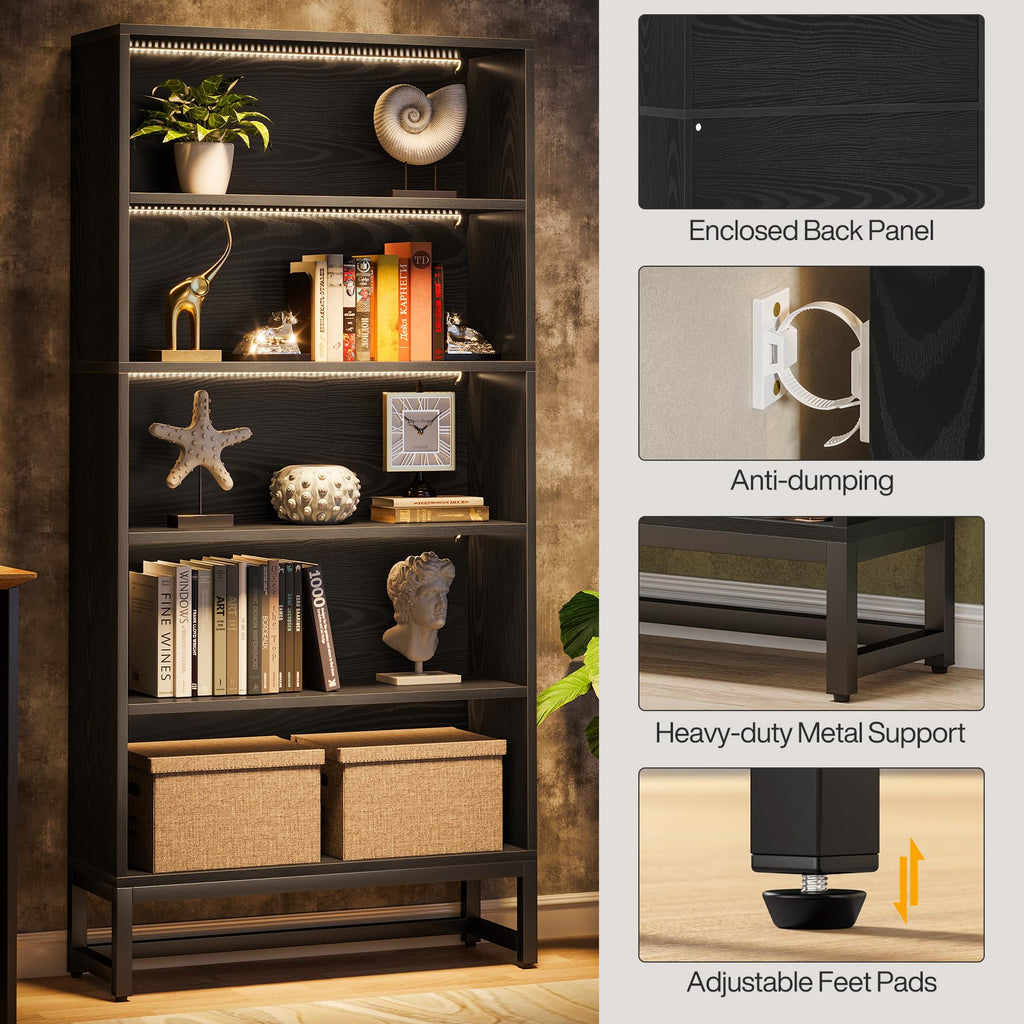 Black 70.8” 5-Tier Bookcase with LED Lights X3368