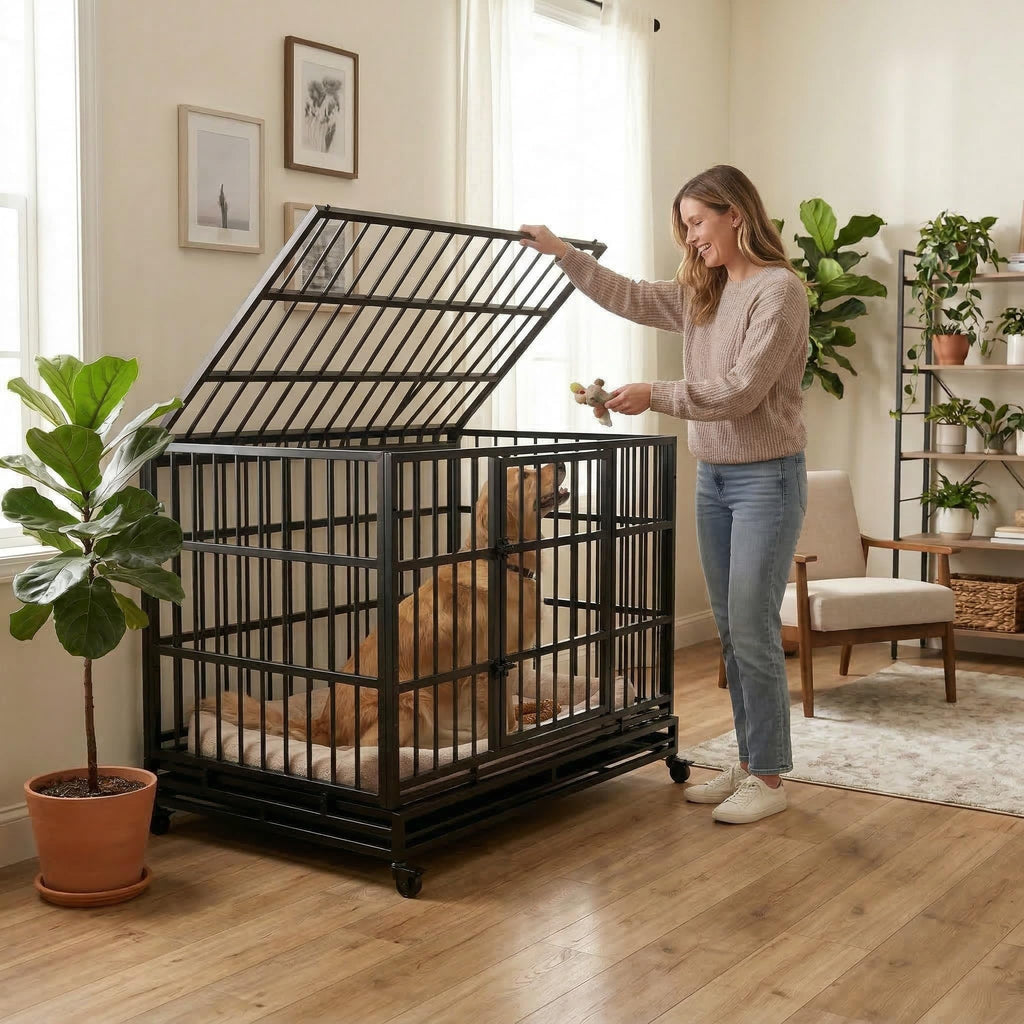 48 Inch Heavy Duty Collapsible Metal Dog Crate with Wheels Z27558