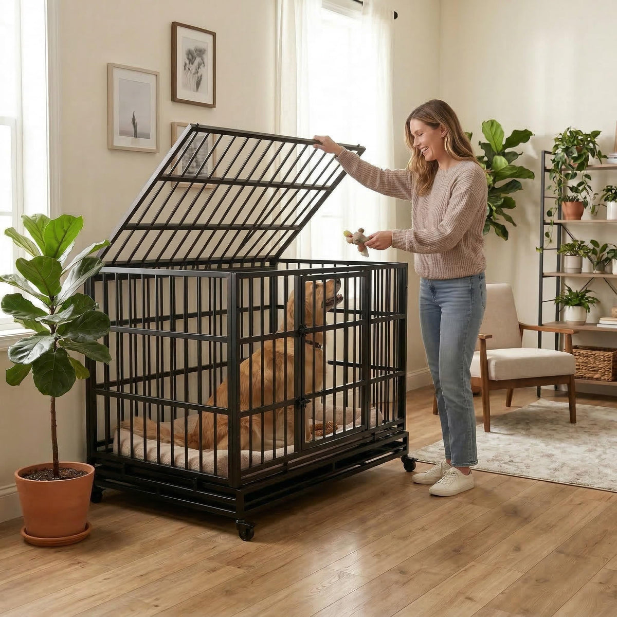 48 Inch Heavy Duty Collapsible Metal Dog Crate with Wheels Z27558