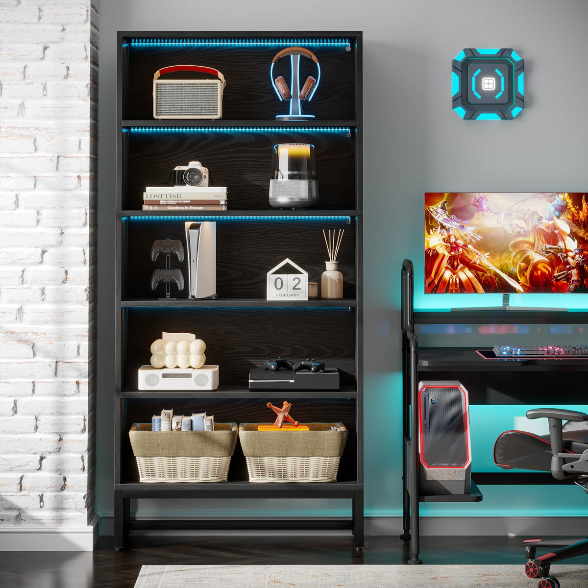 Black 70.8” 5-Tier Bookcase with LED Lights X3368