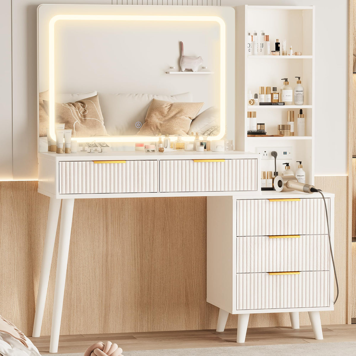 Vanity Desk with Mirror and Lights, 5 Drawers Storage Shelves, 3 Color Modes M1079