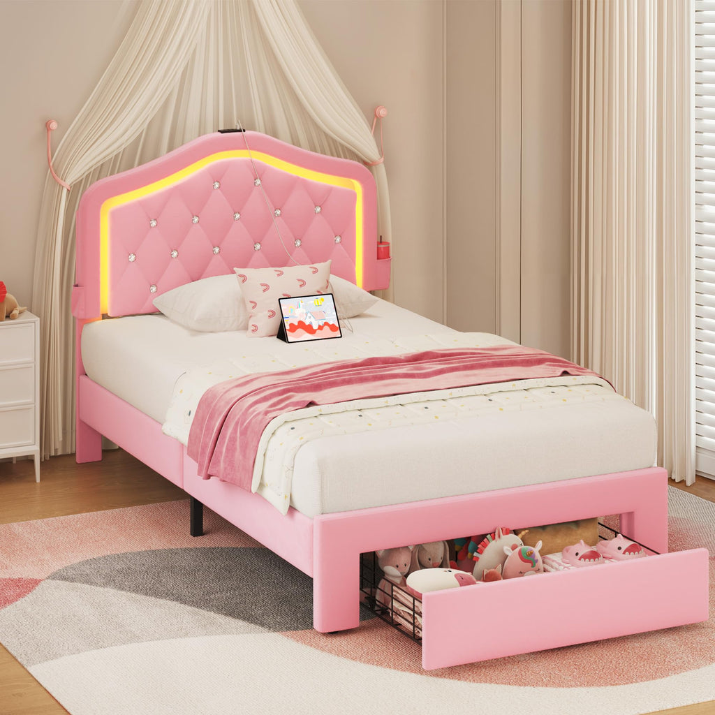 Twin Bed Frame with Adjustable Velvet Upholstered Headboard and Storage Drawers X51187