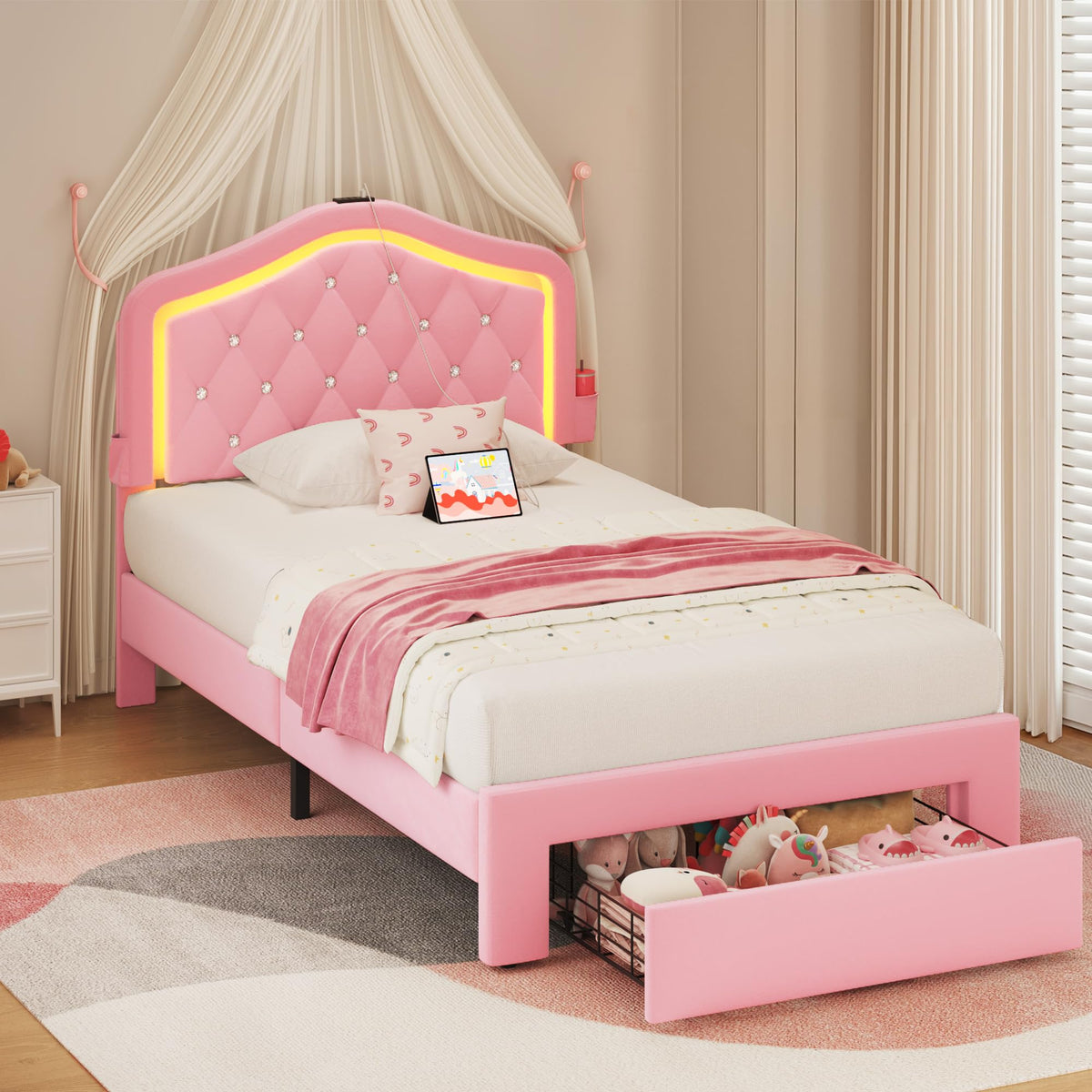 Twin Bed Frame with Adjustable Velvet Upholstered Headboard and Storage Drawers X51187