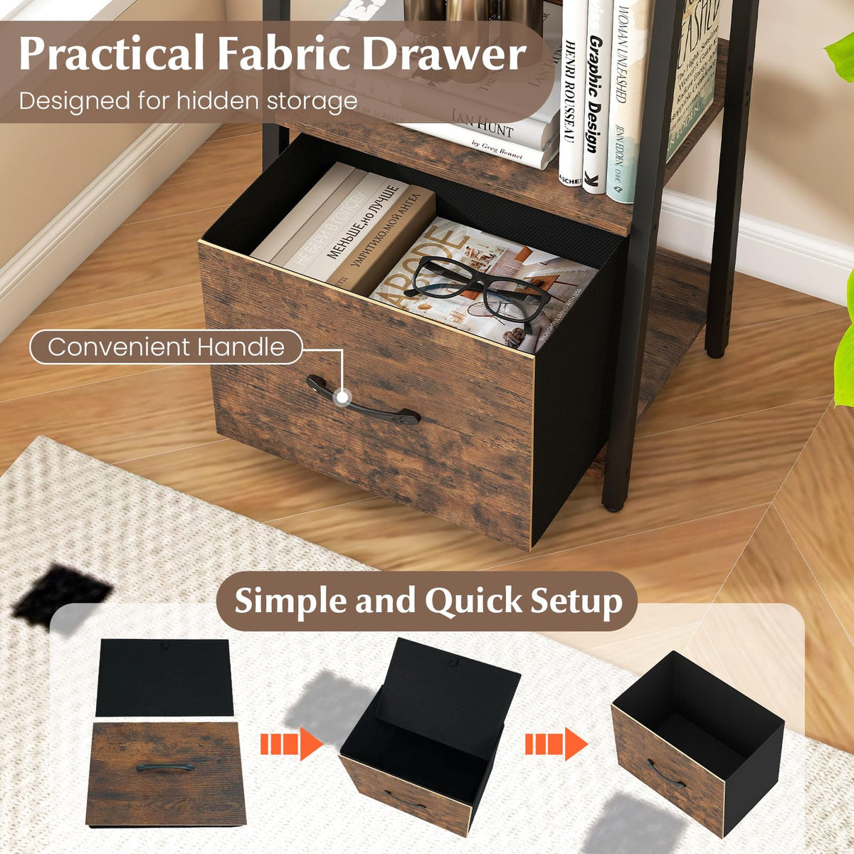 5-Tier Ladder Bookshelf with Fabric Drawer V564558