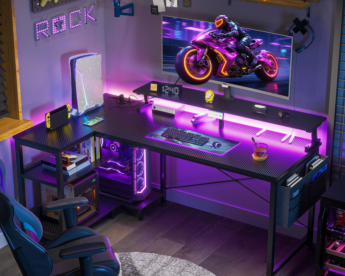 48 Inch L Shaped Gaming Desk with LED Lights and Power Outlets X97823