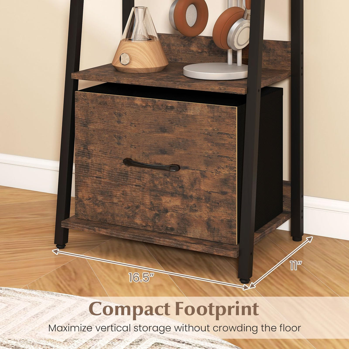 5-Tier Ladder Bookshelf with Fabric Drawer V564558