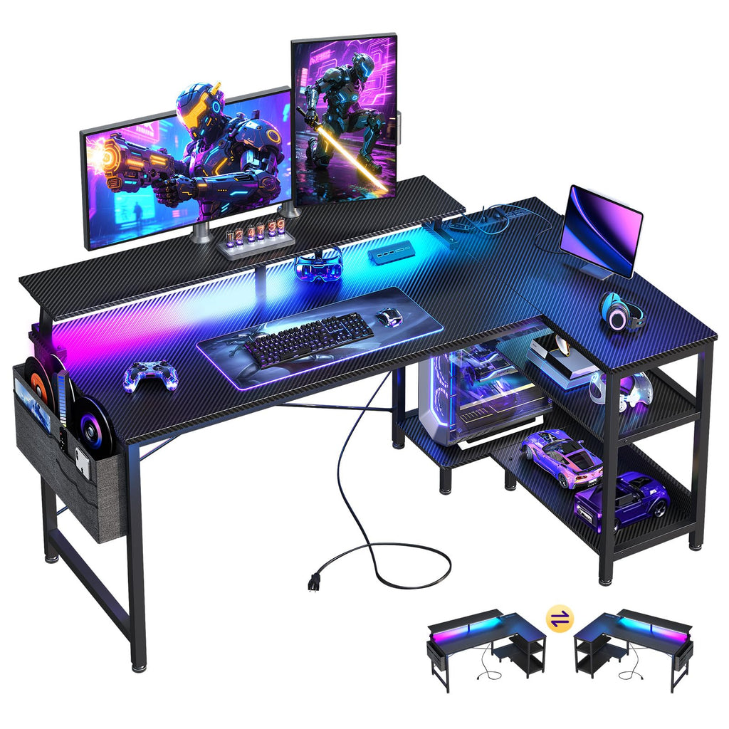 48 Inch L Shaped Gaming Desk with LED Lights and Power Outlets X97823