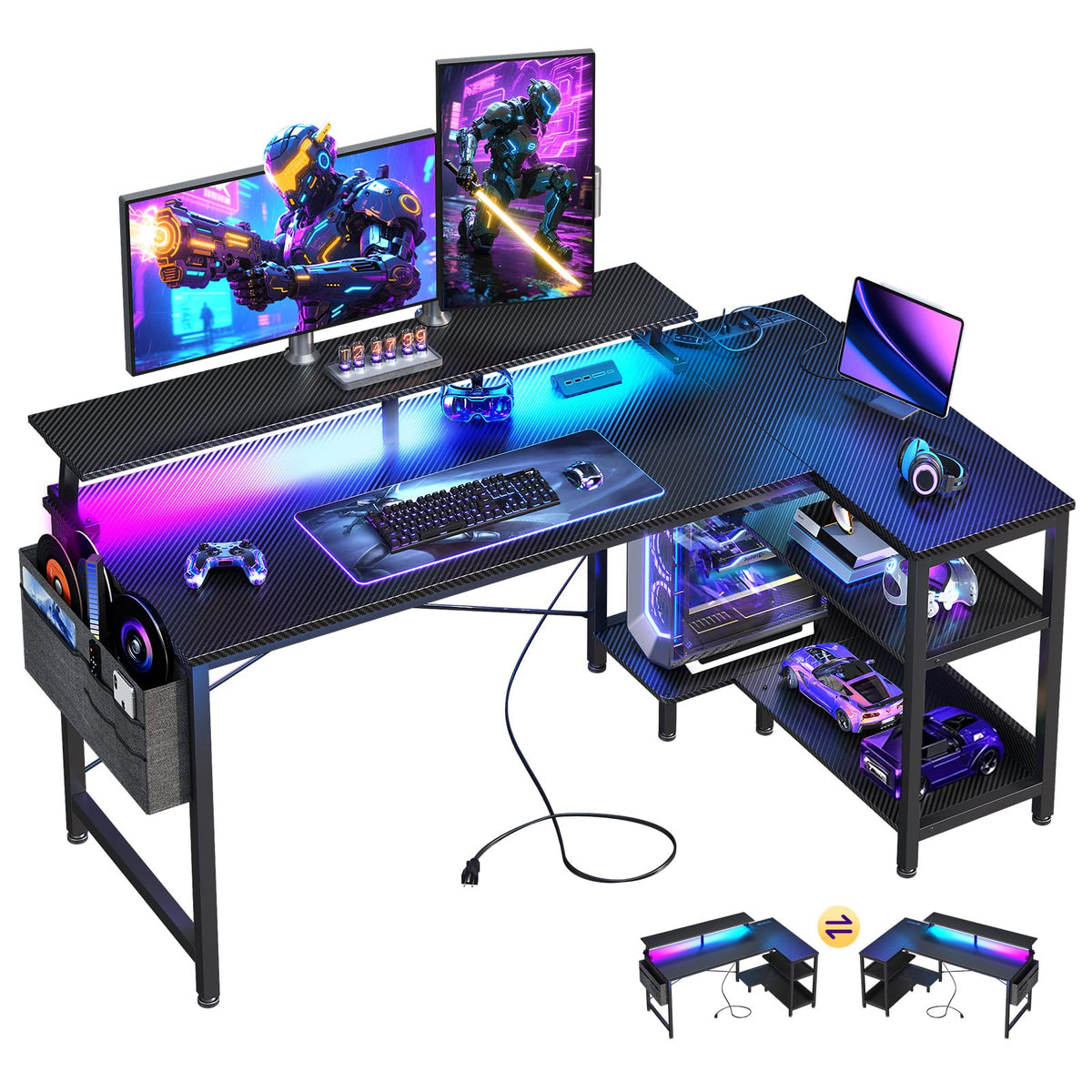 48 Inch L Shaped Gaming Desk with LED Lights and Power Outlets X97823