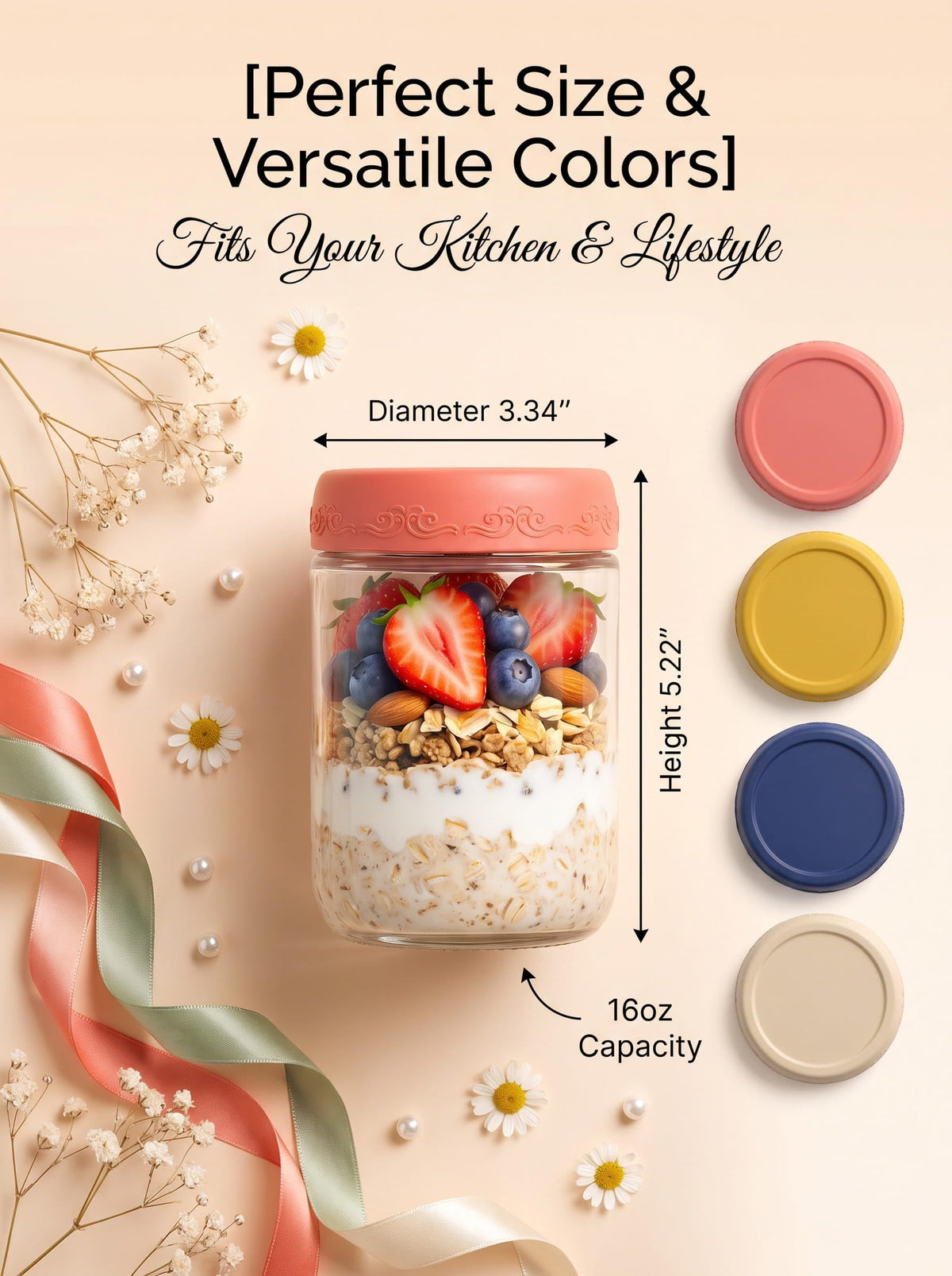 16oz 12-Pack Glass Overnight Oats Jars with Airtight Lids Q556929