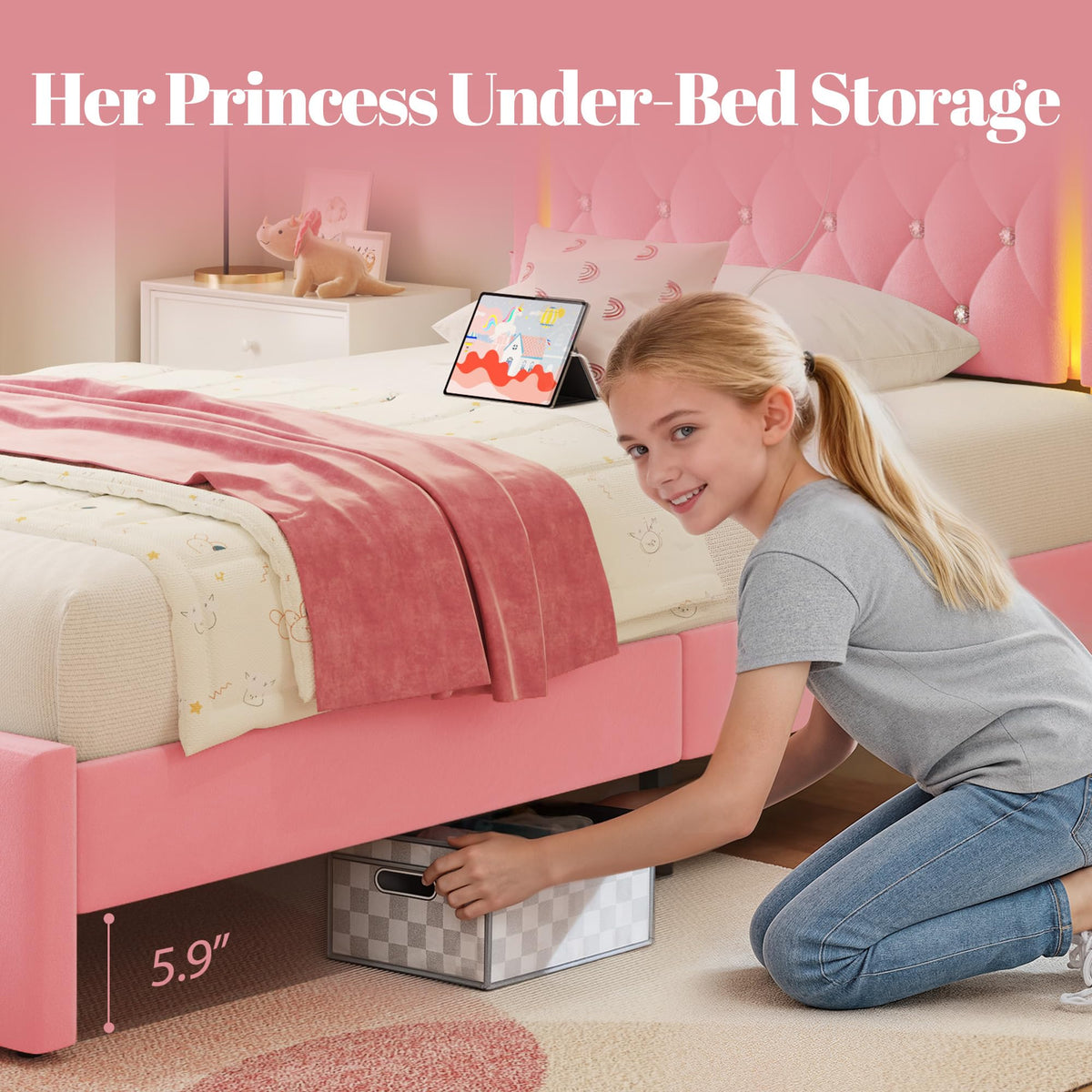 Twin Bed Frame with Adjustable Velvet Upholstered Headboard and Storage Drawers X51187