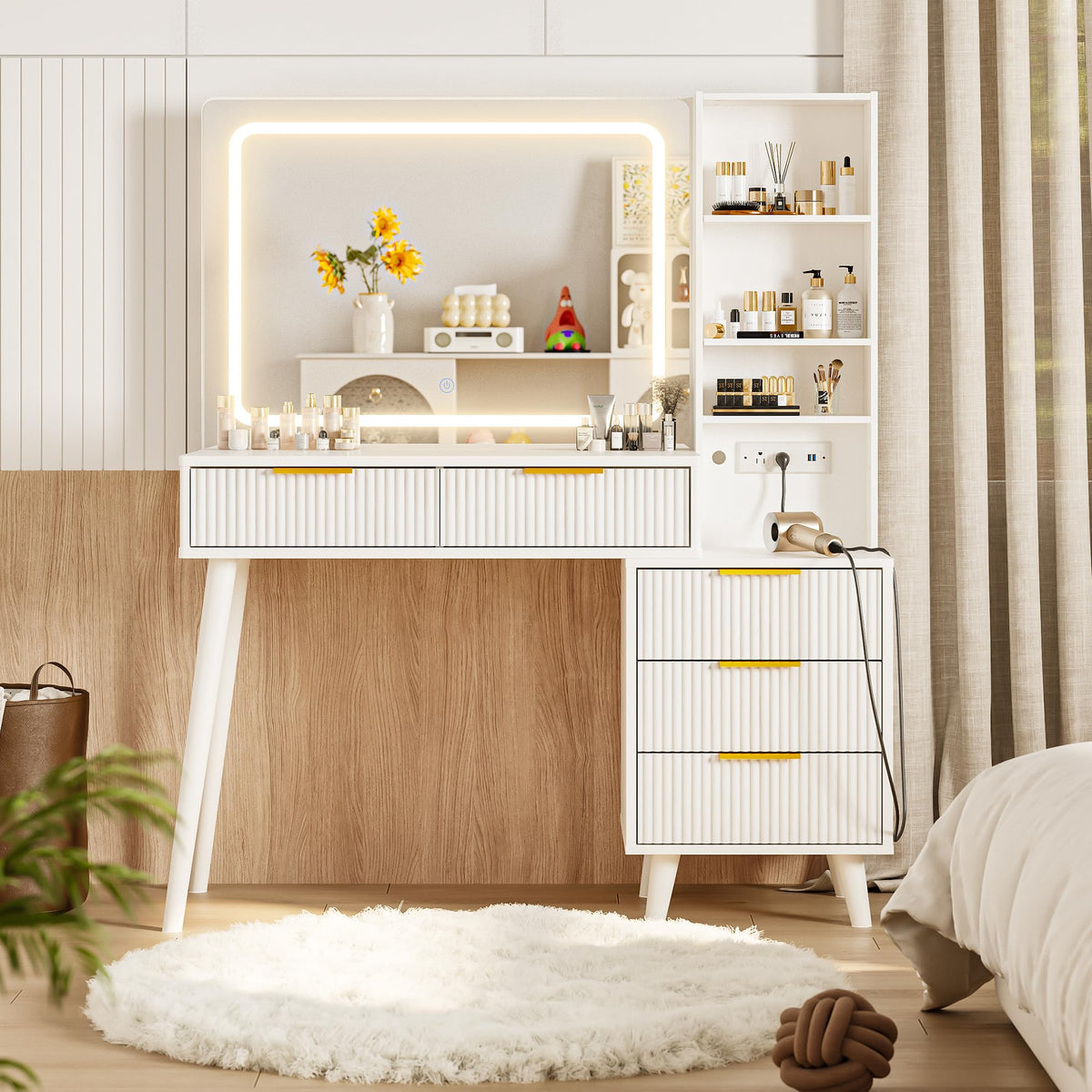 Vanity Desk with Mirror and Lights, 5 Drawers Storage Shelves, 3 Color Modes M1079