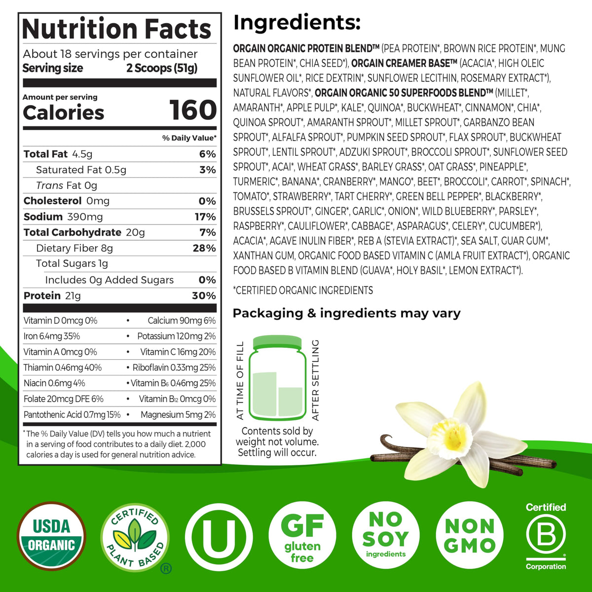 Organic Vegan 21g Protein Superfoods Powder Vanilla Bean 2.02lb T69391