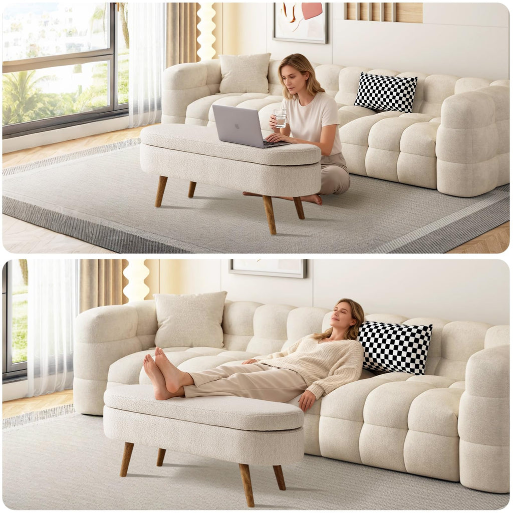 Beige Linen Upholstered Storage Ottoman Bench N258