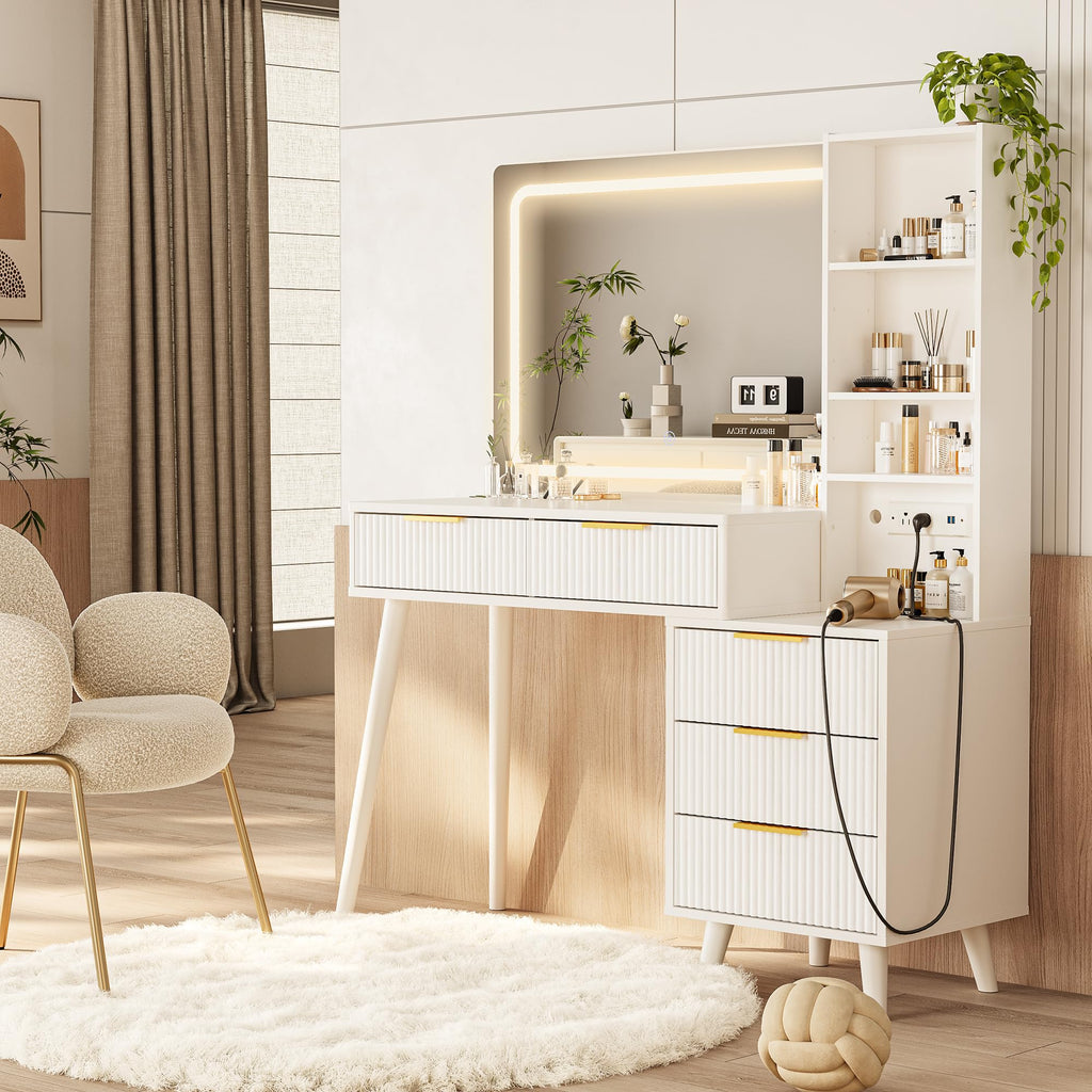 Vanity Desk with Mirror and Lights, 5 Drawers Storage Shelves, 3 Color Modes M1079