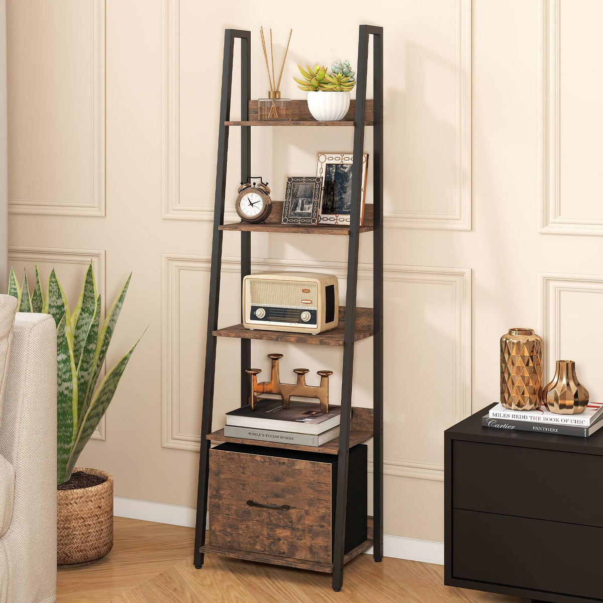 5-Tier Ladder Bookshelf with Fabric Drawer V564558
