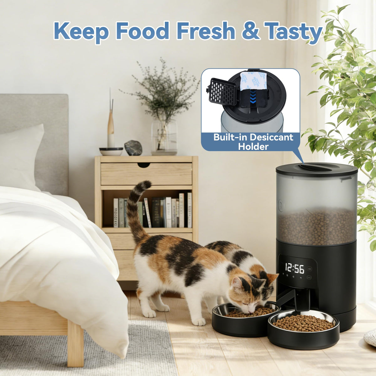 6L Automatic Cat Feeder with 2 Stainless Bowls Black E752