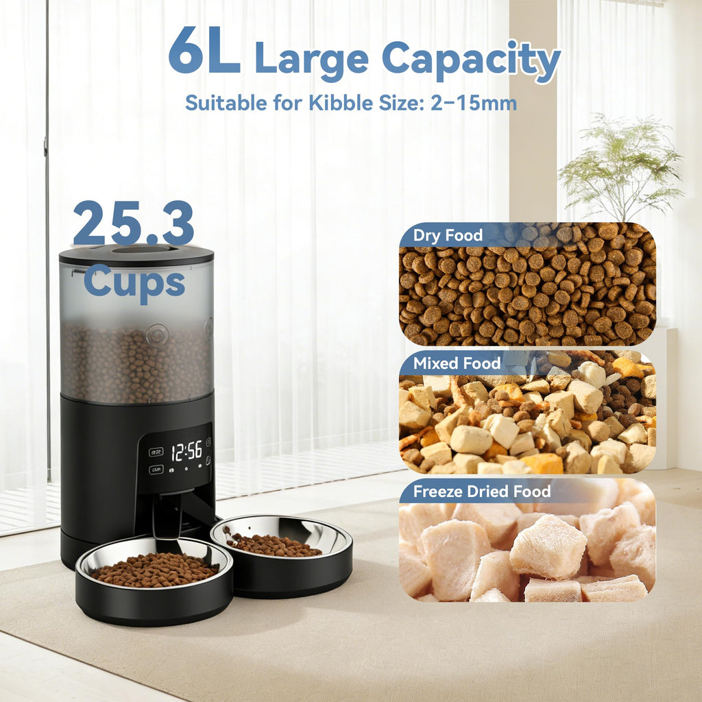 6L Automatic Cat Feeder with 2 Stainless Bowls Black E752