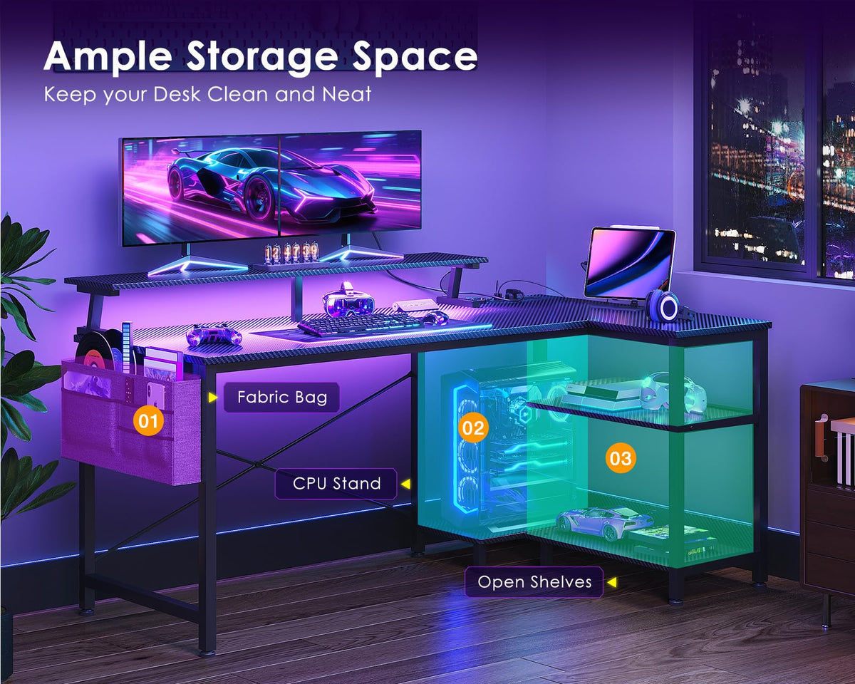 48 Inch L Shaped Gaming Desk with LED Lights and Power Outlets X97823
