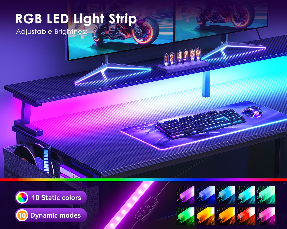 48 Inch L Shaped Gaming Desk with LED Lights and Power Outlets X97823