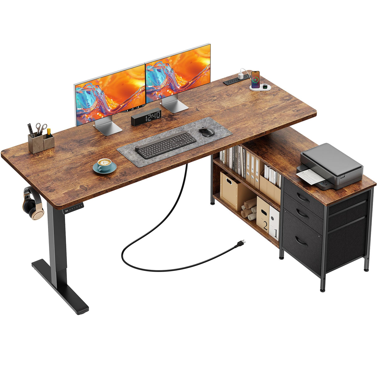 55.1'' L Standing Desk with Outlets, Cabinet, Shelves, Drawers Y960012