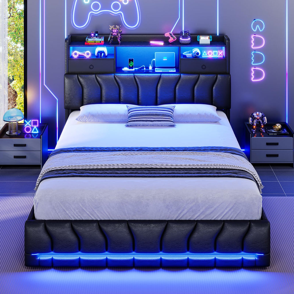 Full Bed Frame with Storage Headboard and 2 Drawers, RGB Lights, Black O9498