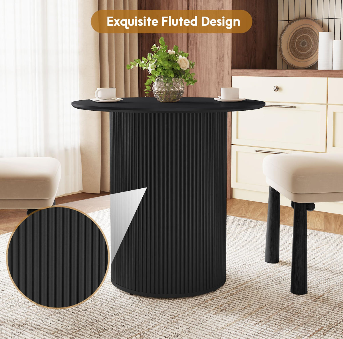 31.5" Round Dining Table with Fluted Wood Base H344