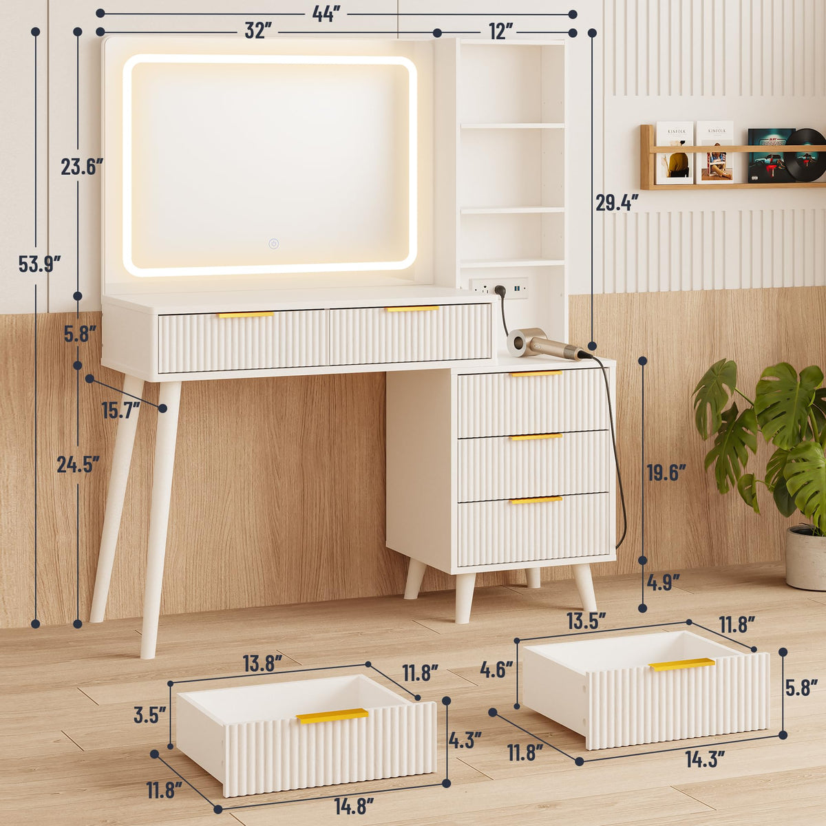 Vanity Desk with Mirror and Lights, 5 Drawers Storage Shelves, 3 Color Modes M1079