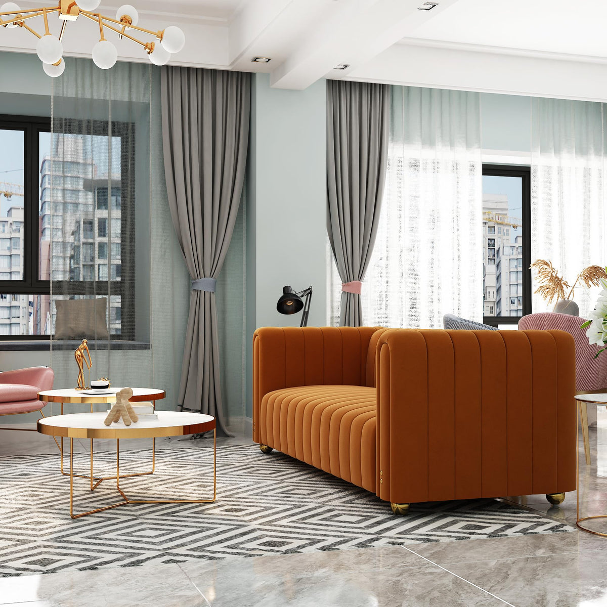 Orange Tufted Velvet Sofa Set E286651